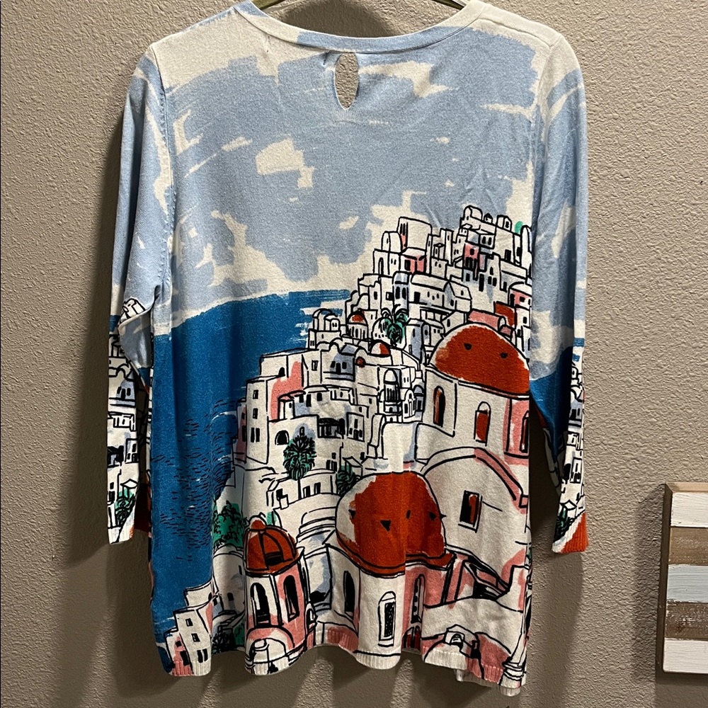 Joseph A Women's Long Sleeve Scenic Print Top - Blue, White, size large - Picture 2 of 10